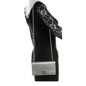FENDI Metallic Calfskin Wallet On Chain Silver Clutch Purse AUTHENTIC $3800